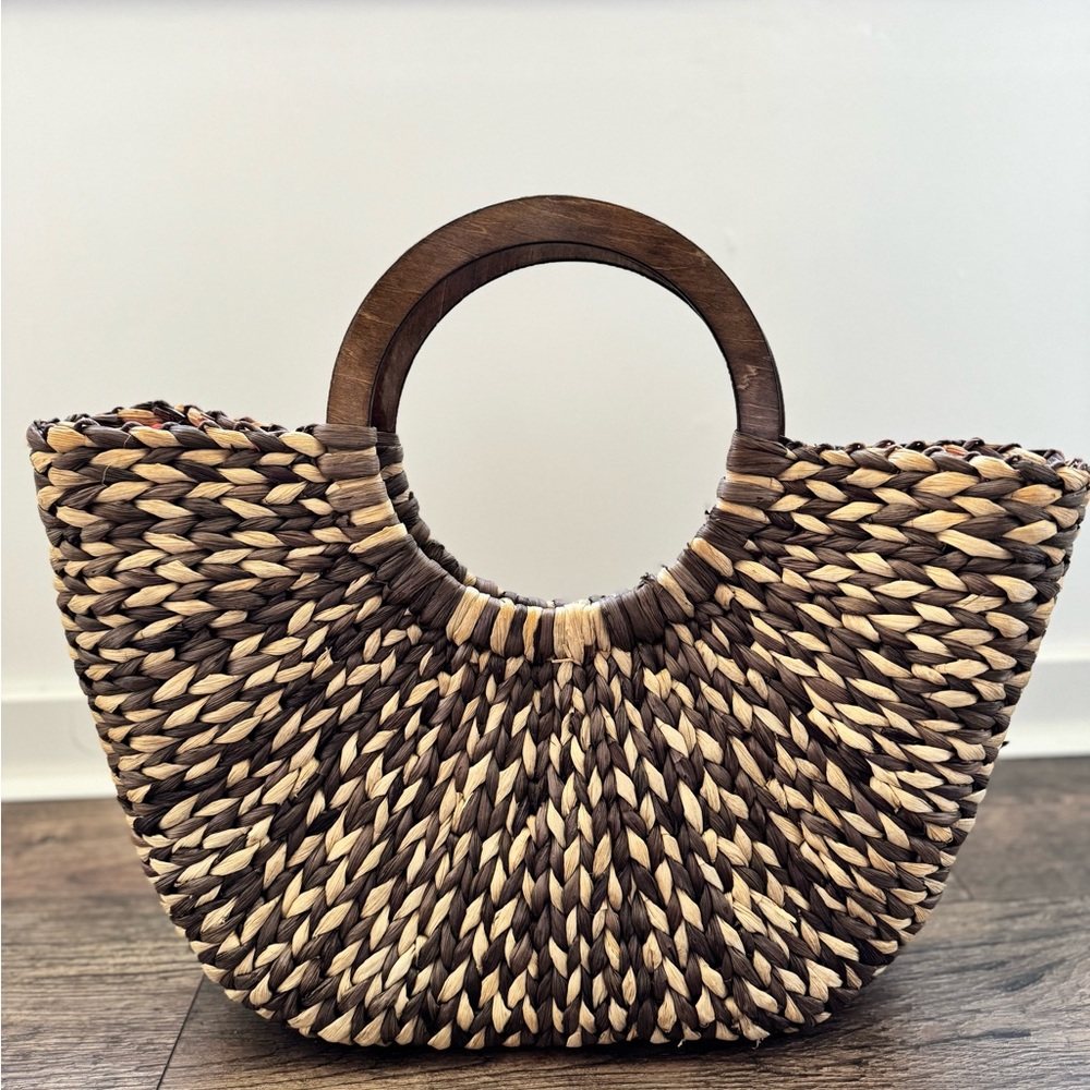 The Limited woven straw tote beach bag wood handles
